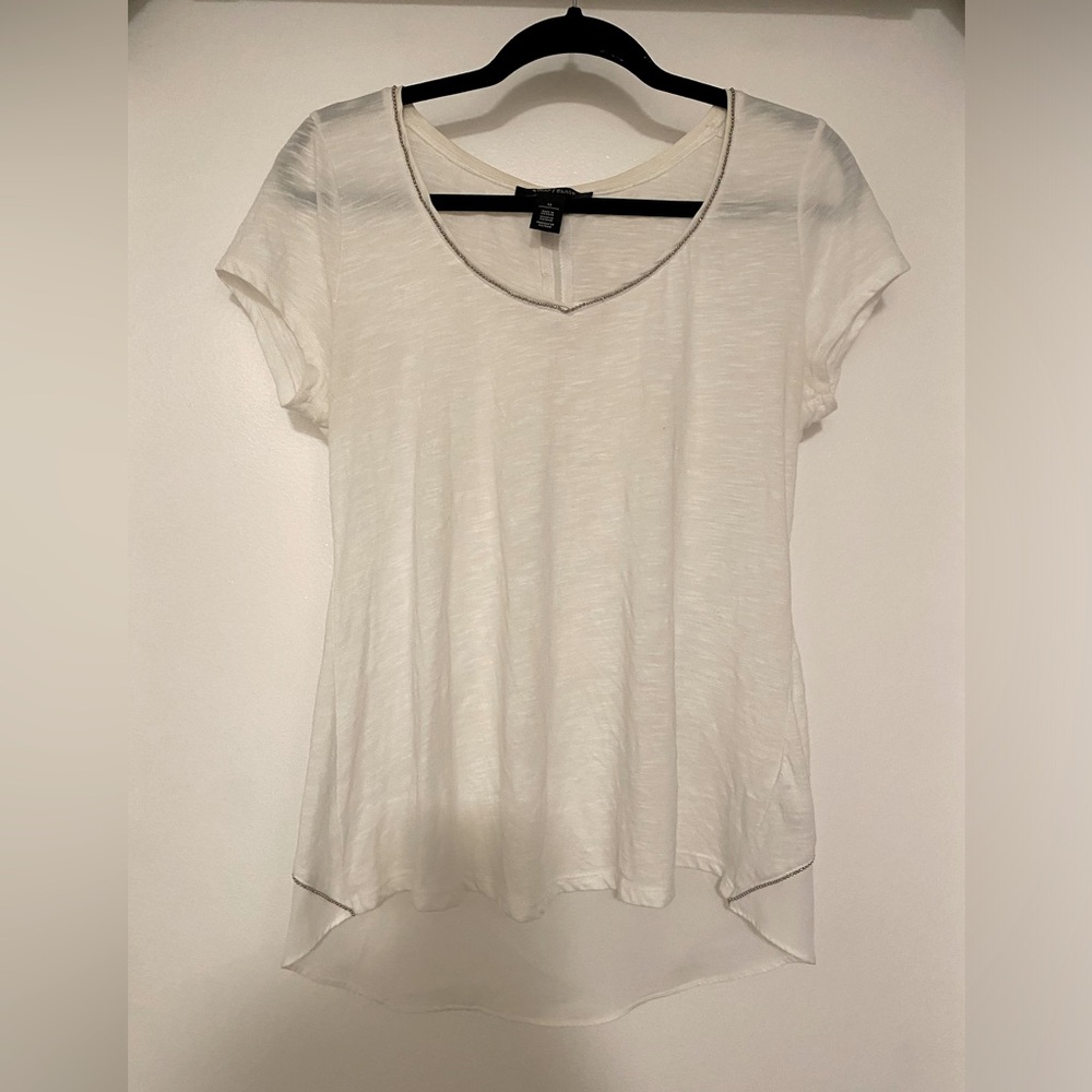 White House Black Market white shirt with bead detail and back chiffon detail